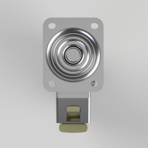 Square mounting plate with a circular metal push button, a momentary tactile switch assembly for electronic actuation, shown from the front with a small actuator at the bottom.
