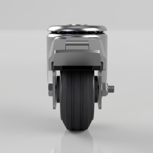 Front view of a metal caster wheel with brake, showing the wheel, brake lever, and mounting hardware on both sides.