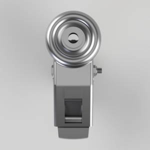 Metal roller latch with a circular steel wheel atop a gray clamp-style body