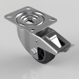Swivel caster wheel with a mounting plate and brake lever, metal hardware, and a black wheel designed for heavy-duty furniture or carts.