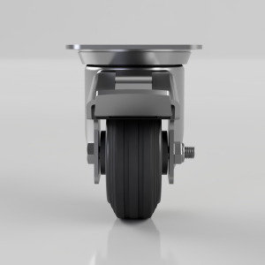 Front view of a heavy-duty caster wheel with a gray metal mounting bracket and a black rubber tire, showing the braking/locking mechanism on the side.