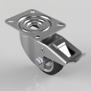 Swivel caster wheel with a brake lever and square mounting plate, metallic housing and rubber tire.