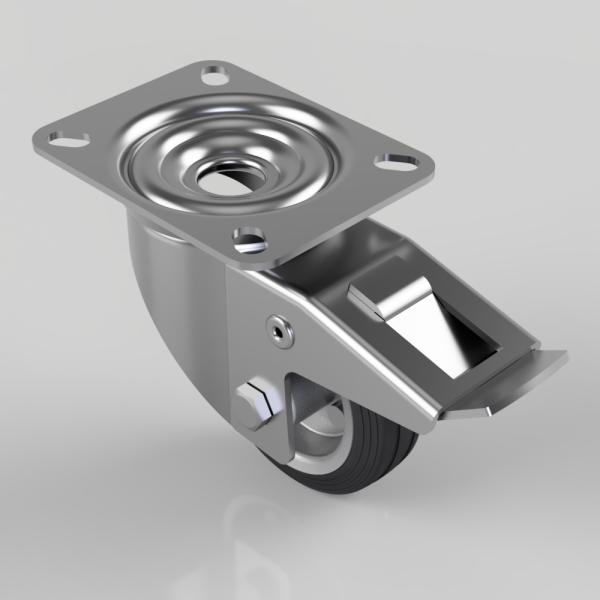 Swivel caster wheel with a brake lever and square mounting plate, metallic housing and rubber tire.