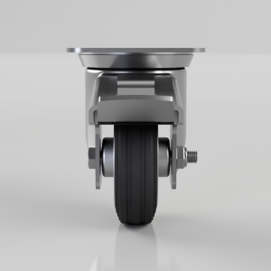 Front view of a swiveling caster wheel with a built-in brake on a metal bracket, set against a gray background.