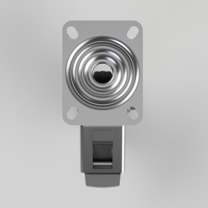 Close-up of a metallic spiral coil (spring) mounted on a square gray flange with rounded corners and four corner holes, attached to a gray bracket below.