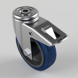 Caster wheel with a metal brake lever and blue tire, used for furniture or carts. The brake engages to lock the wheel.