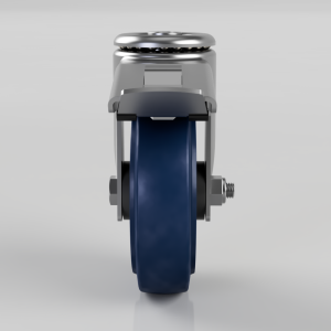 Front view of a gray metal caster wheel with a dark blue polyurethane tire and a brake lever, mounted in place.
