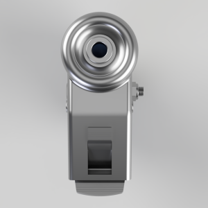 Metal clamp-style device with a shiny circular roller on top and a side screw, likely a roller guide or tensioning component.