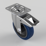 Swivel caster wheel with blue rubber tire, metal frame, and brake lever on a mounting plate with four holes.
