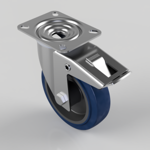 Swivel caster wheel with blue rubber tire, metal frame, and brake lever on a mounting plate with four holes.