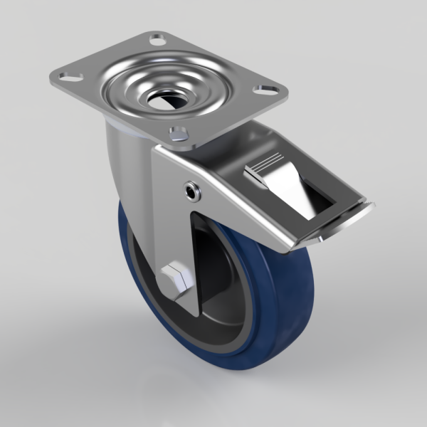 Swivel caster wheel with blue rubber tire, metal frame, and brake lever on a mounting plate with four holes.