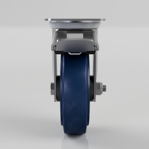 Front view of a blue caster wheel with metal housing and mounting plate, showing the wheel and axle details (industrial caster)