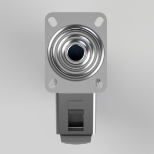 Close-up of a metallic security camera lens with concentric rings mounted on a gray bracket with mounting holes.