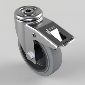 Metal caster wheel with a brake lever, shown in a silver housing and grey wheel for furniture or equipment.