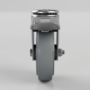 Front view of a gray swivel caster wheel with a locking brake and threaded stem, shown from the side angle on a neutral background.