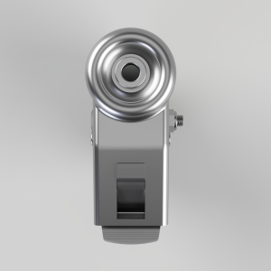Metallic industrial device with a circular, chrome wheel on top and a rectangular body with a side bolt and a small switch area below.