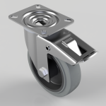 Swivel caster wheel with a foot-operated brake and four-hole mounting plate, made of metal with a gray rubber tire