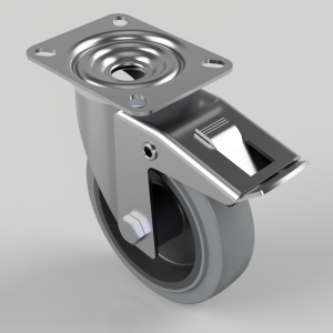 Swivel caster wheel with a foot-operated brake and four-hole mounting plate, made of metal with a gray rubber tire
