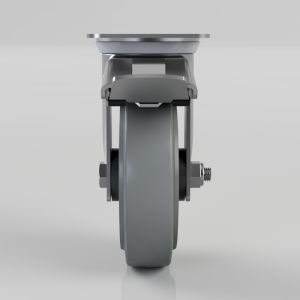 Front view of a gray caster wheel with mounting plate and brake mechanism