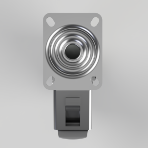 Close-up of a round, spring-style push button on a square gray mounting plate with a gray bracket beneath.