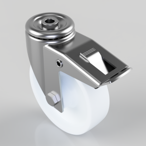 Metal caster wheel with a braking brake and mounting bolt on a silver frame.