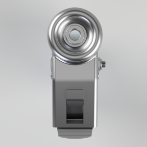 Industrial-looking metal swivel bearing on a gray rectangular housing with a circular, concentric roller at the top and a side screw fastener