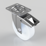 Swivel caster wheel with a square metal mounting plate and a brake lever, white wheel and chrome housing.