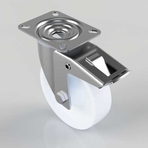 Swivel caster wheel with a square metal mounting plate and a brake lever, white wheel and chrome housing.