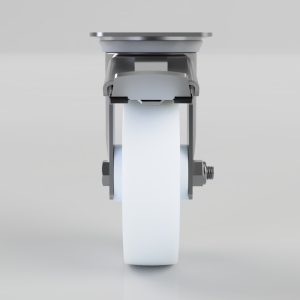 Front view of a metal caster wheel with a brake mechanism and mounting hardware