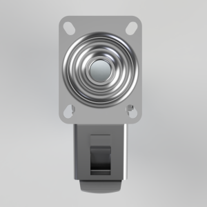 3D rendering of a gray electromagnetic relay with a circular contact spring mounted on a plate.