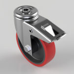 Swivel caster wheel with a red rubber tire and silver metal housing, featuring a side brake lever for locking.
