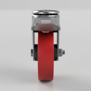 Close-up of a red caster wheel mounted in a metal frame, viewed head-on.