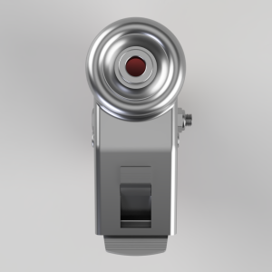 Front view of a metal clamp-like device featuring a large chrome roller on top and a gray housing with a lever, likely a roller follower mechanism.