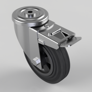 Industrial caster wheel with a metal brake lever and mounting plate.