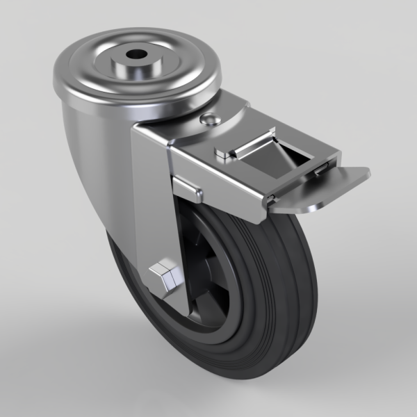 Industrial caster wheel with a metal brake lever and mounting plate.