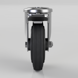 Front view of a heavy-duty caster wheel with metal frame and black rubber tire.