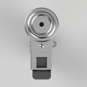 Front view of a chrome door lock mechanism featuring a large circular dial at the top and a rectangular metal body with a sliding latch below it.