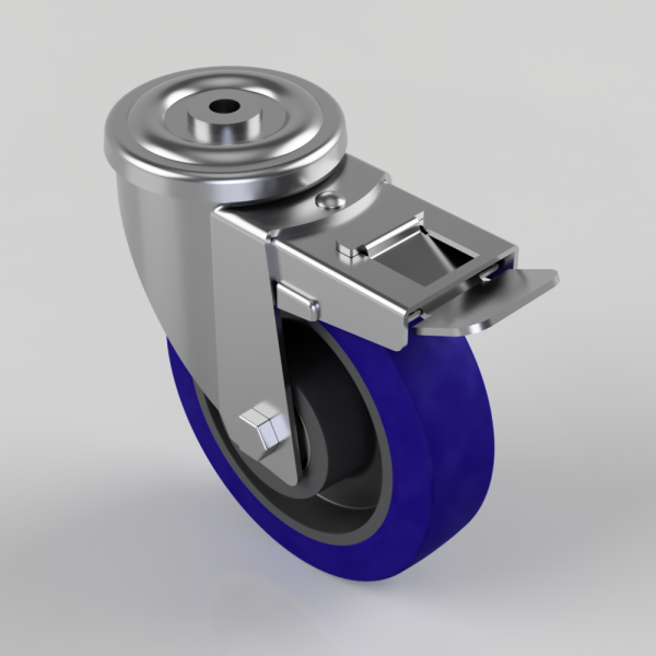Swivel caster wheel with a blue polyurethane tire and a metal brake/lock mechanism mounted on a metallic housing.