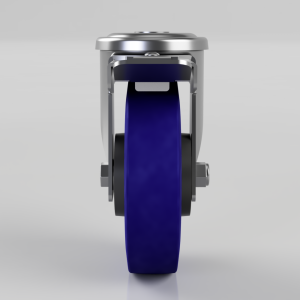 Front view of a metal caster wheel with a blue rubber tire and mounting hardware