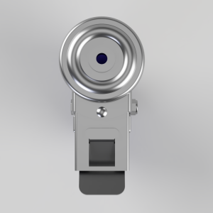 Front view of a silver door peephole/ viewer assembly with a circular lens at the top and a mounting plate, on a neutral gradient background.