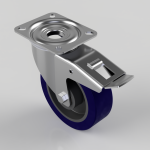 Metal swivel caster with a blue polyurethane wheel and a brake lever, mounting plate visible above the wheel (industrial hardware).