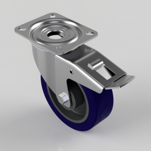 Metal swivel caster with a blue polyurethane wheel and a brake lever, mounting plate visible above the wheel (industrial hardware).