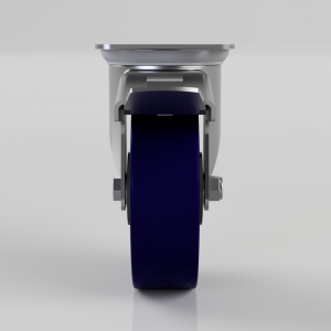 Front view of a blue polyurethane caster wheel with metal housing and mounting hardware, shown on a smooth gray surface.