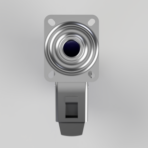 Close-up of a metallic square camera housing with a circular lens on a mounting bracket.