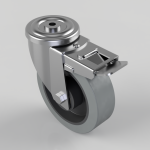 Metal swivel caster with a gray polyurethane wheel and built-in locking brake.