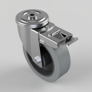Metal swivel caster with a gray polyurethane wheel and built-in locking brake.