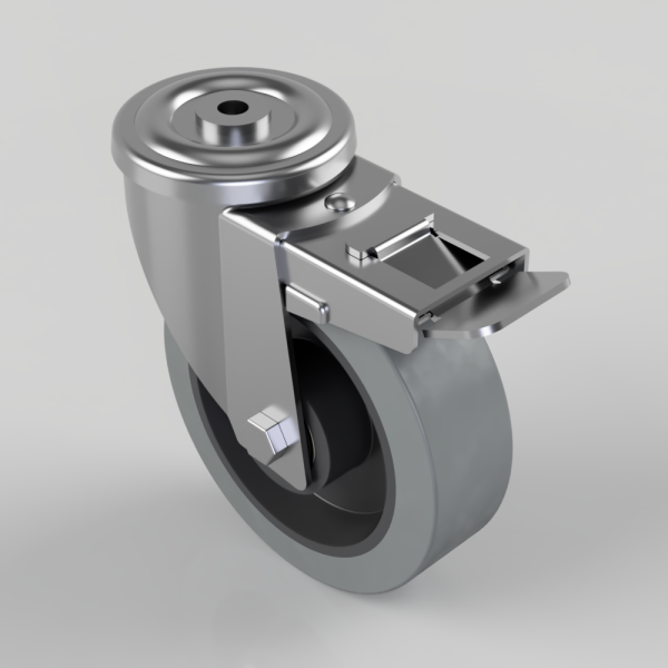 Metal swivel caster with a gray polyurethane wheel and built-in locking brake.