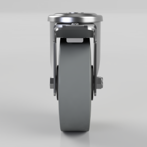 Front view of a large grey caster wheel mounted in a metal bracket, showing side bolts and a polished metal frame.