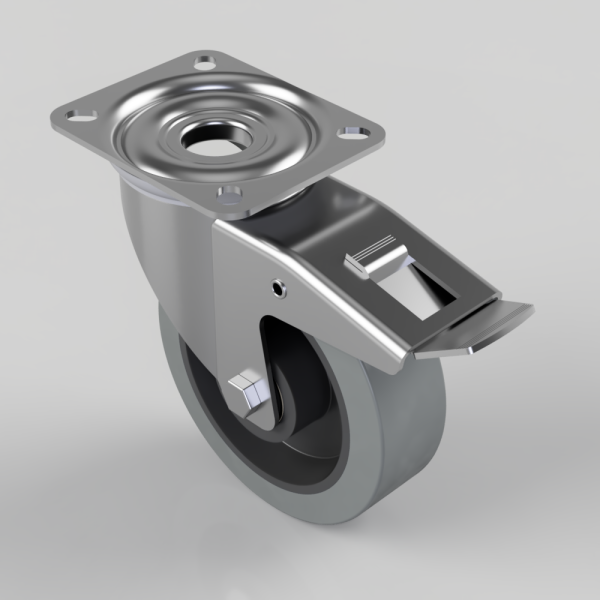 Swivel caster wheel with a square mounting plate and built-in brake lever for locking the wheel