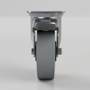 Front view of a grey industrial caster wheel with a built-in locking brake from the front edge.